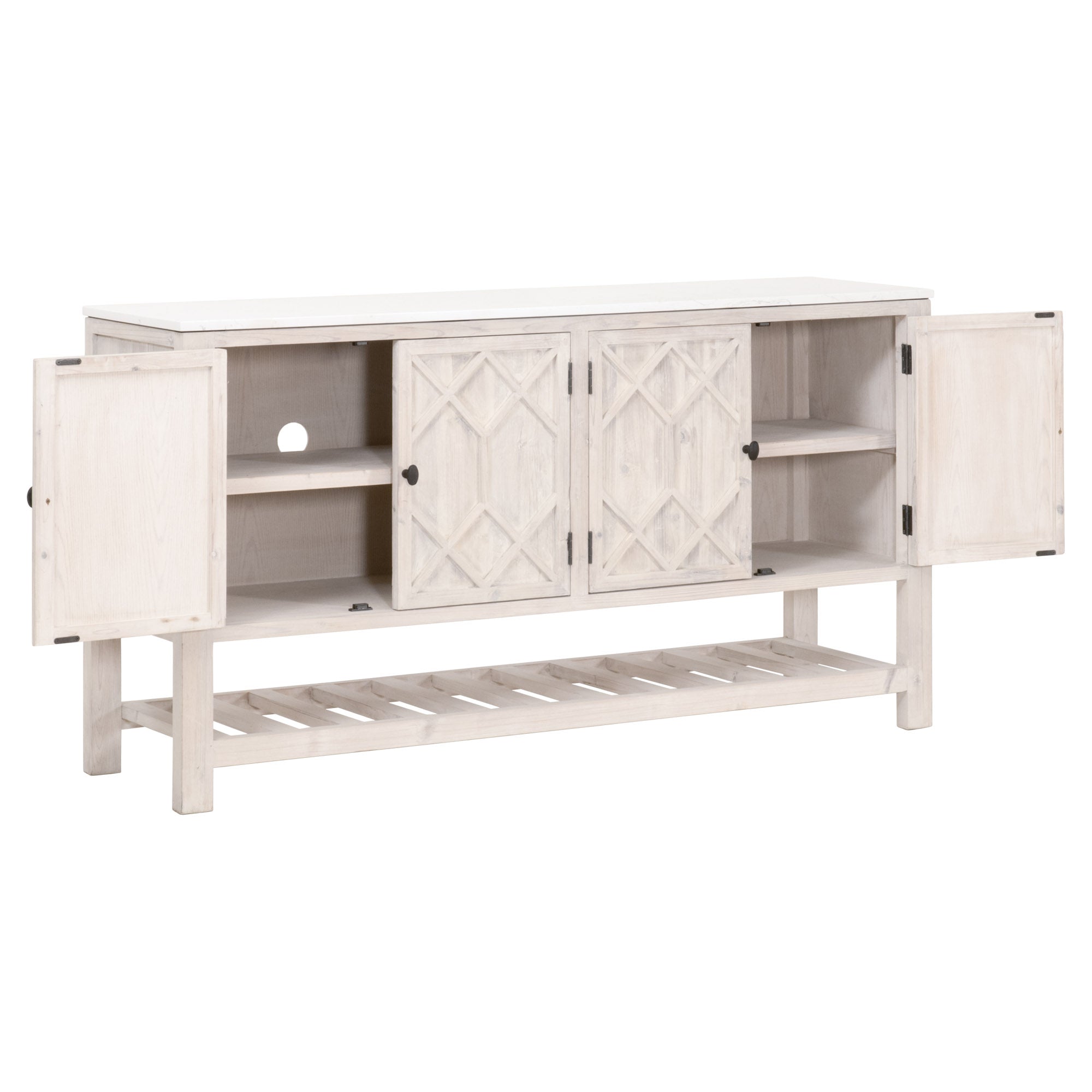 Essentials For Living Willow White-Wash Solid Wood Media Sideboard with Quartz Top