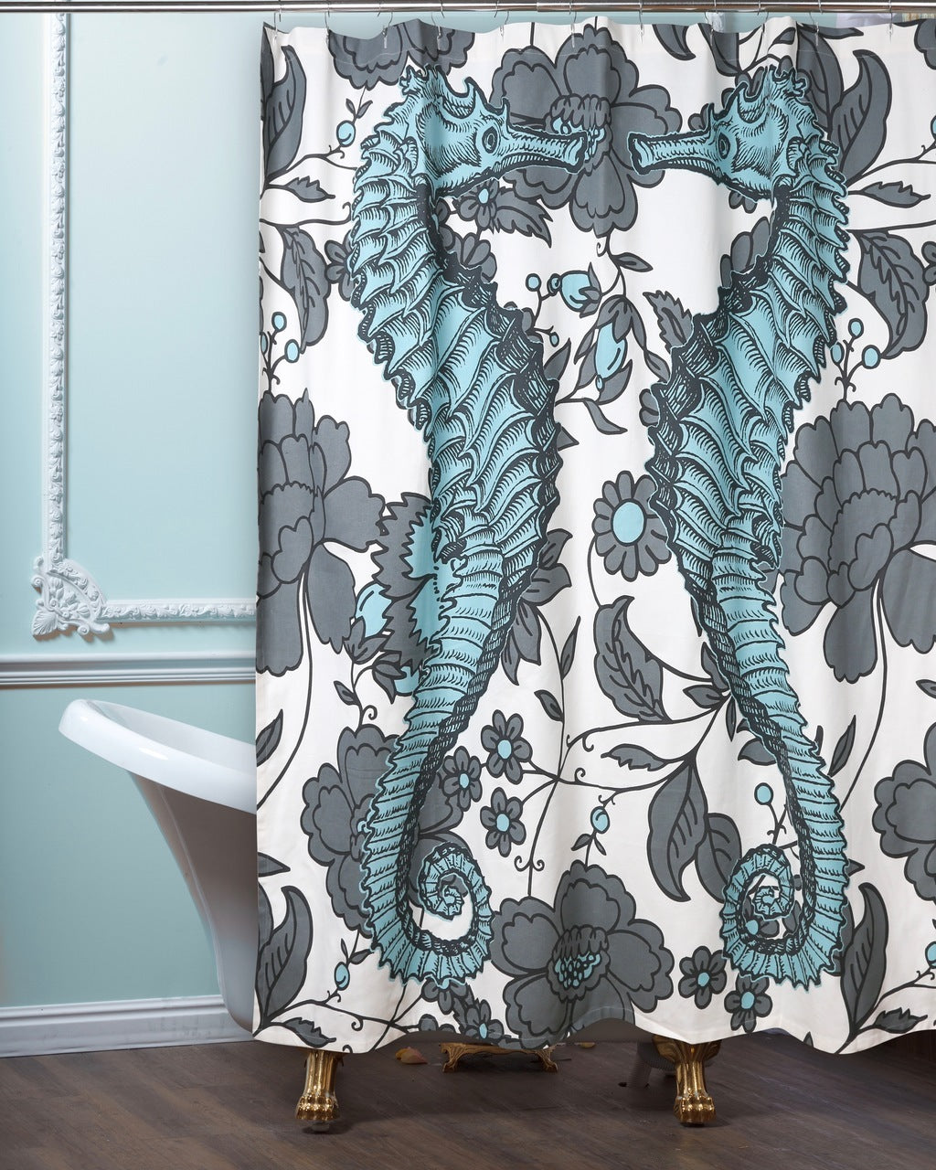 Thomas Paul Aqua and Grey Multicolor Hand-Screened Seashore Vineyard Shower Curtain
