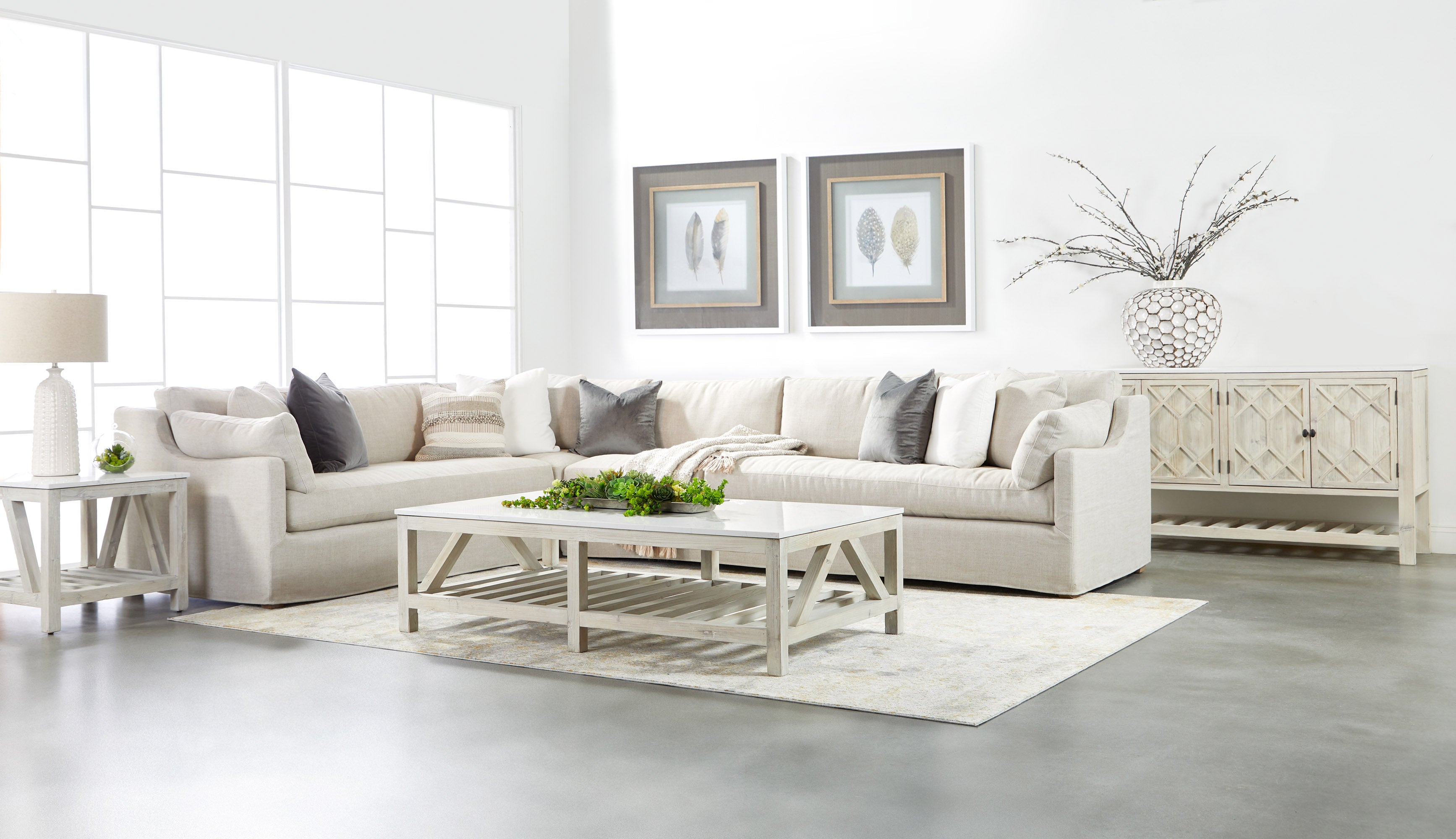Essentials For Living Willow White-Wash Solid Wood Media Sideboard with Quartz Top