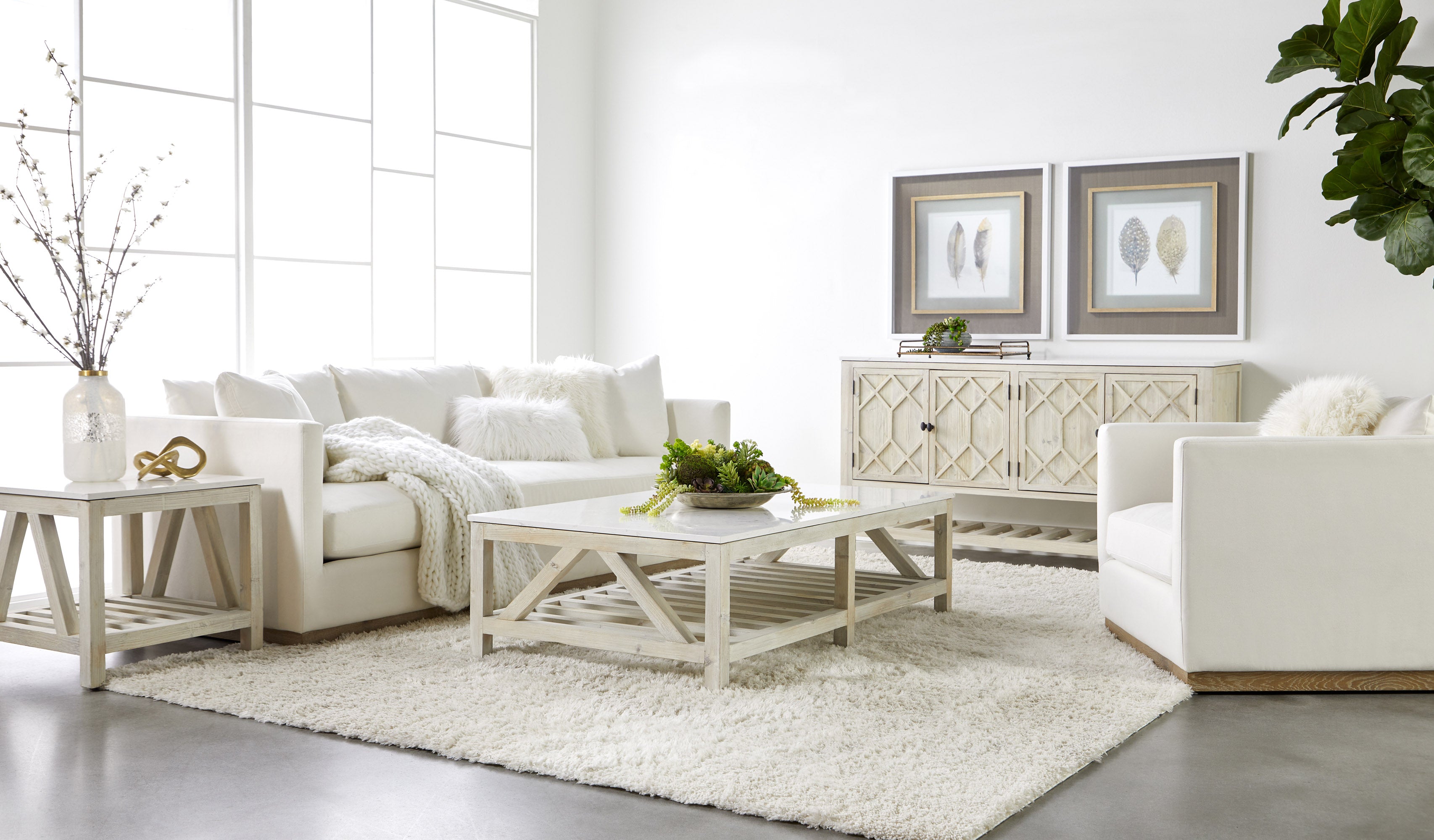 Essentials For Living Willow White-Wash Solid Wood Media Sideboard with Quartz Top