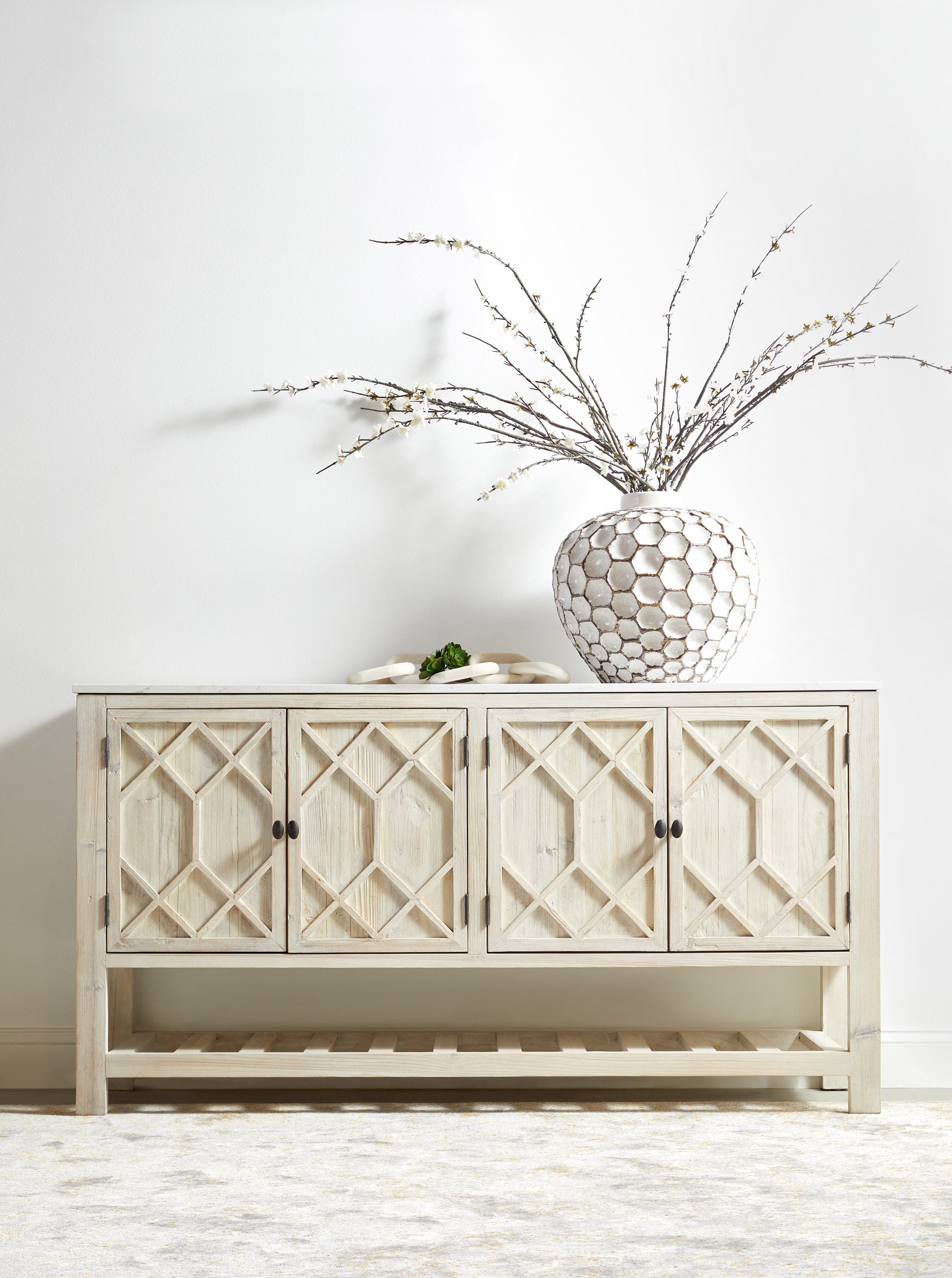 Essentials For Living Willow White-Wash Solid Wood Media Sideboard with Quartz Top
