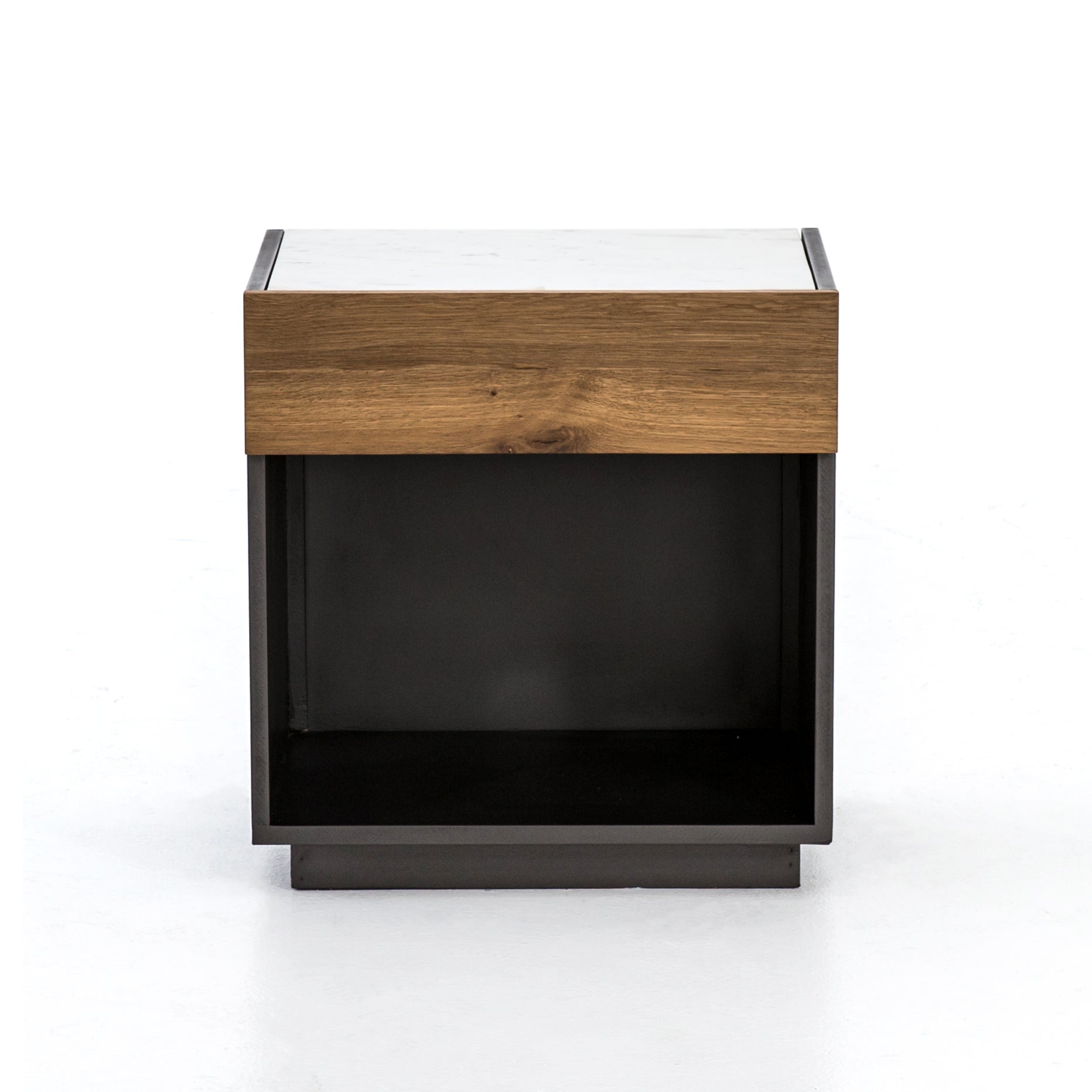 Four Hands Holland Grey-Lacquered Nightstand with Smoked Oak Drawer and White Marble Top