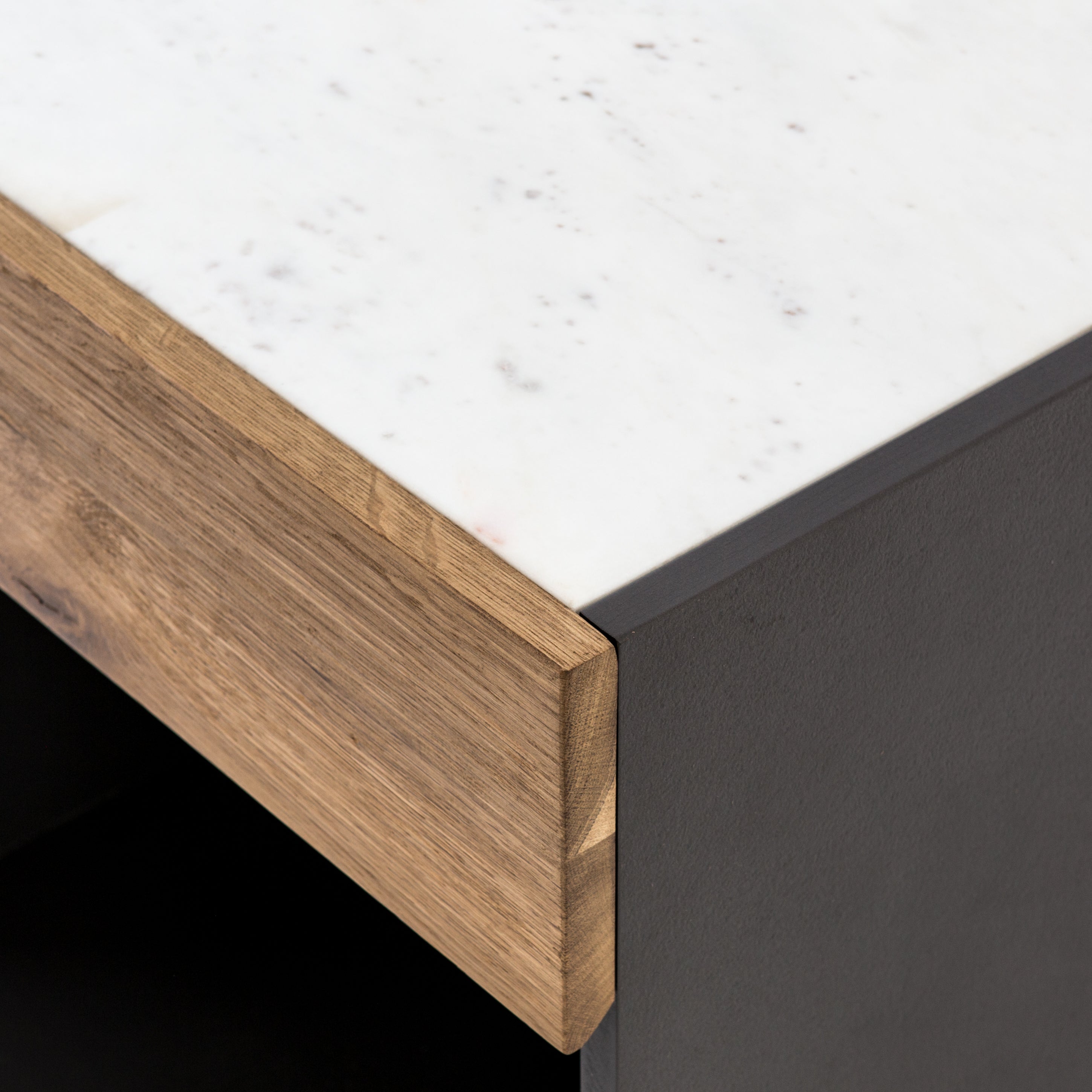 Four Hands Holland Grey-Lacquered Nightstand with Smoked Oak Drawer and White Marble Top