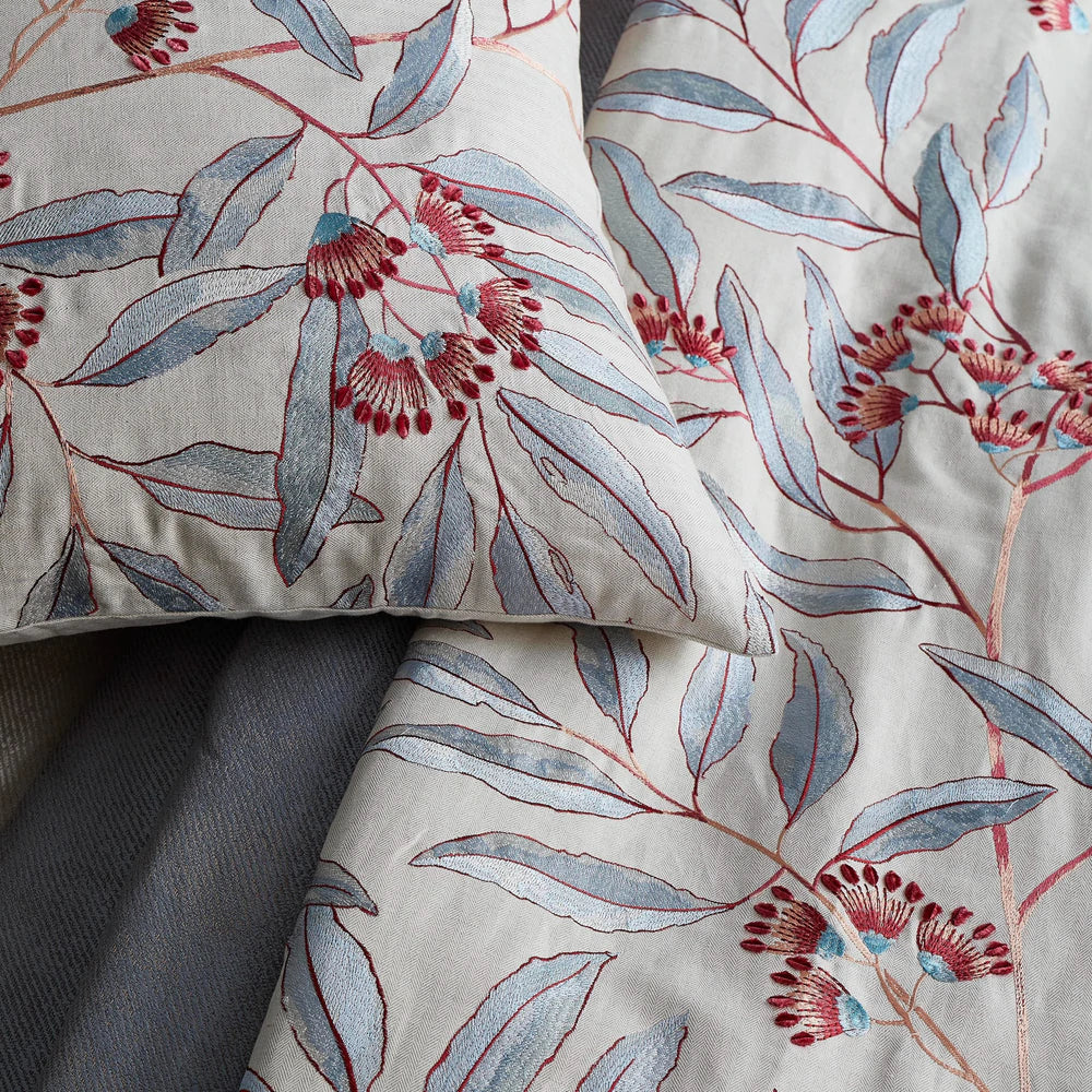 Ann Gish Linenberry Decorative Pillow with Blue & Raspberry Embroidery