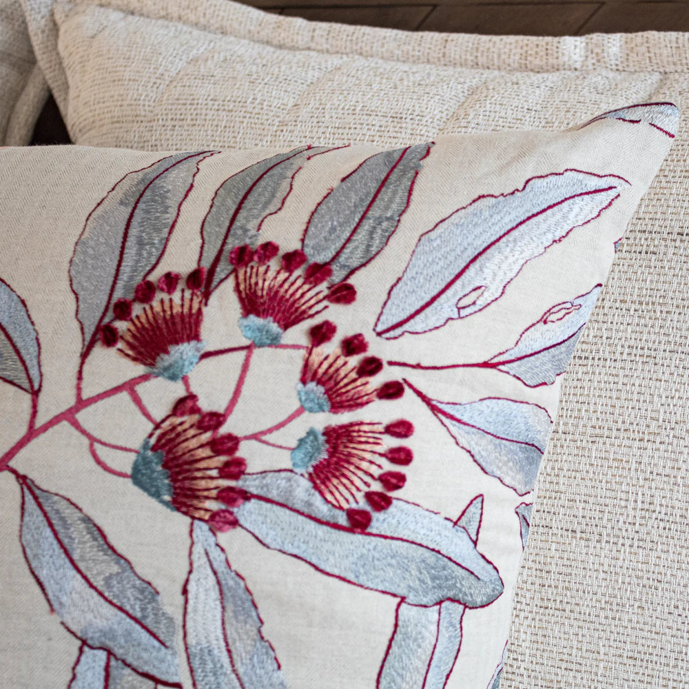 Ann Gish Linenberry Decorative Pillow with Blue & Raspberry Embroidery