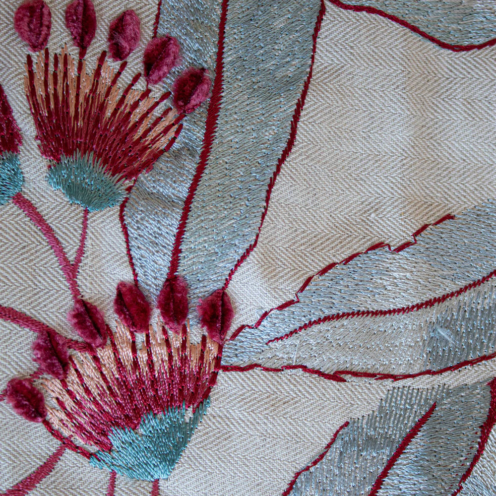 Ann Gish Linenberry Decorative Pillow with Blue & Raspberry Embroidery