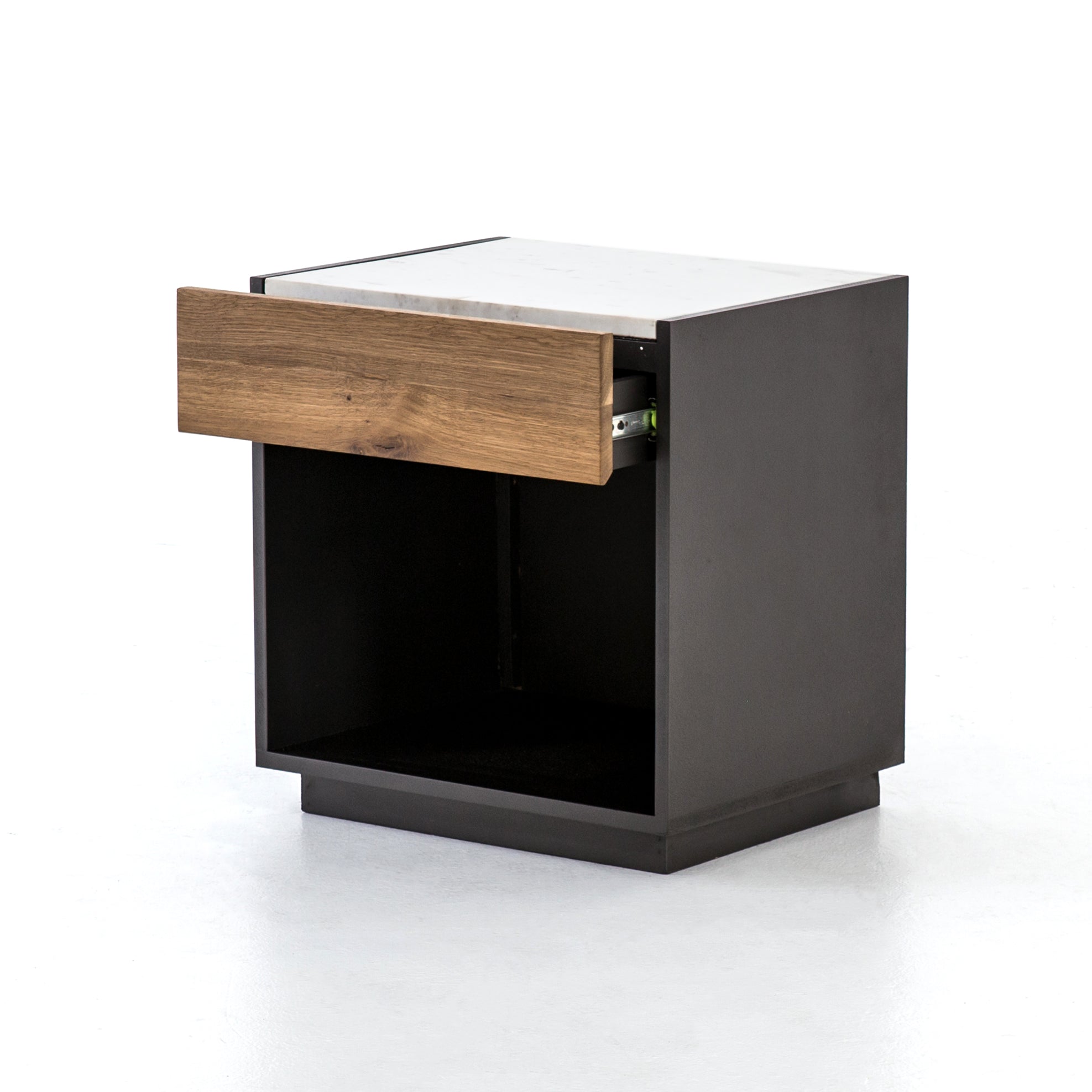 Four Hands Holland Grey-Lacquered Nightstand with Smoked Oak Drawer and White Marble Top