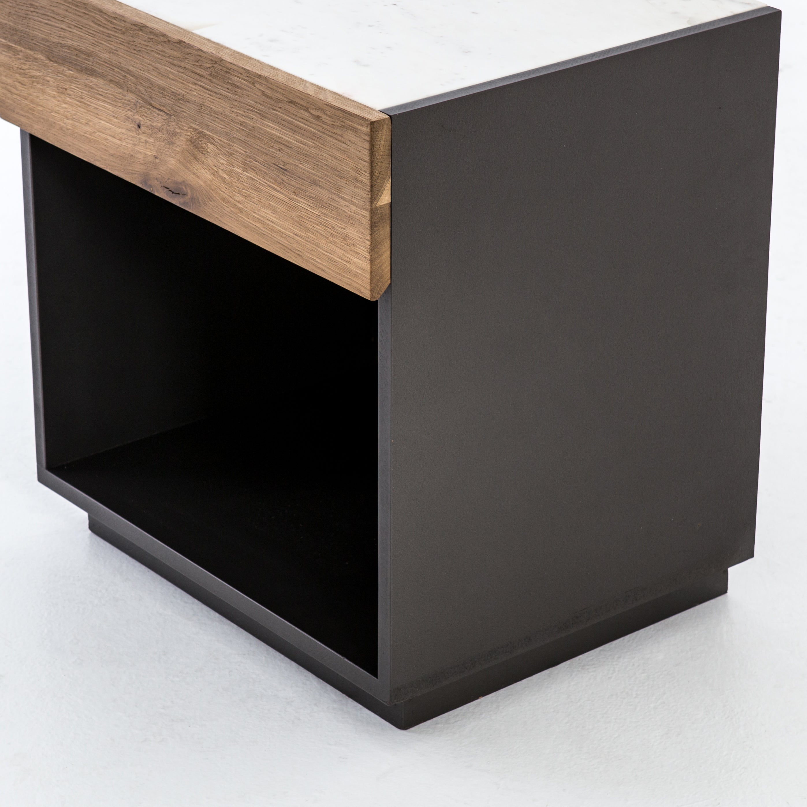 Four Hands Holland Grey-Lacquered Nightstand with Smoked Oak Drawer and White Marble Top