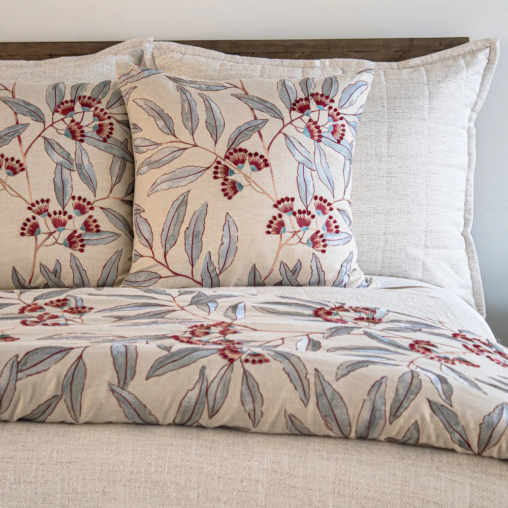 Ann Gish Linenberry Decorative Pillow with Blue & Raspberry Embroidery